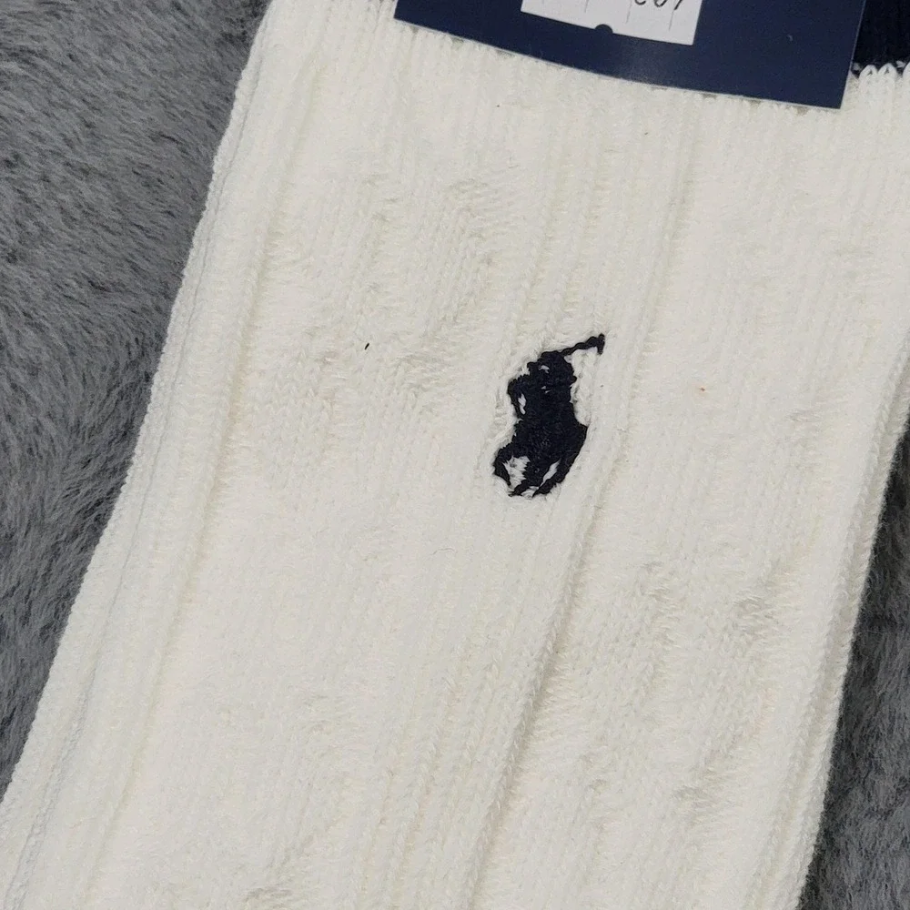 Polo Ralph Lauren Socks Mens 10-13 White Cable Knit Crew Stripe Pony Mid Calf